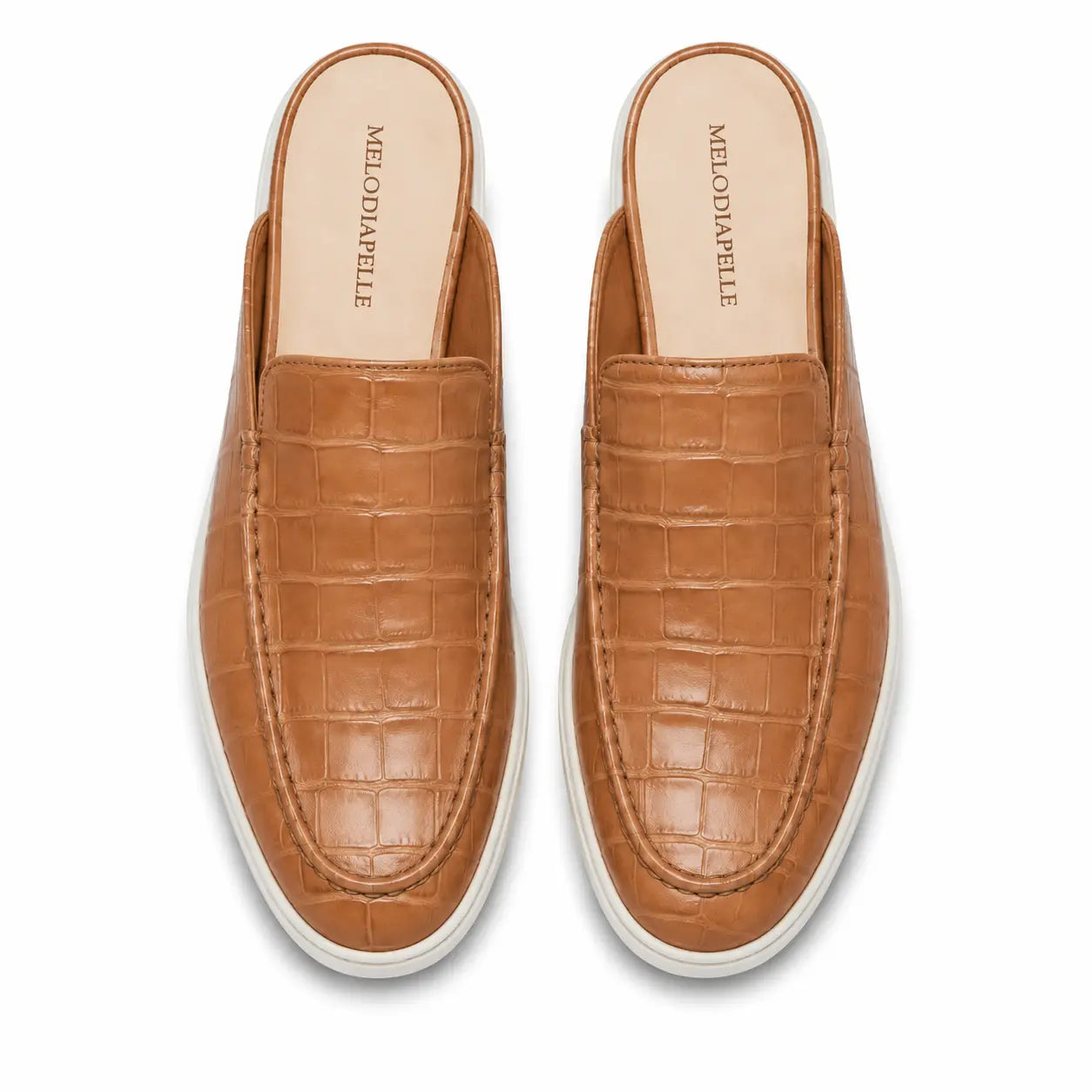 Melodiapelle Moreno Mule in tan croc-embossed leather, pair top-down view, handcrafted in Agra