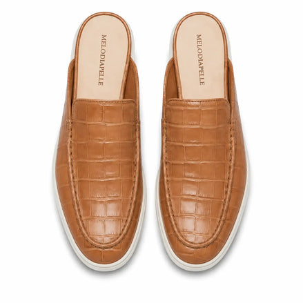 Melodiapelle Moreno Mule in tan croc-embossed leather, pair top-down view, handcrafted in Agra