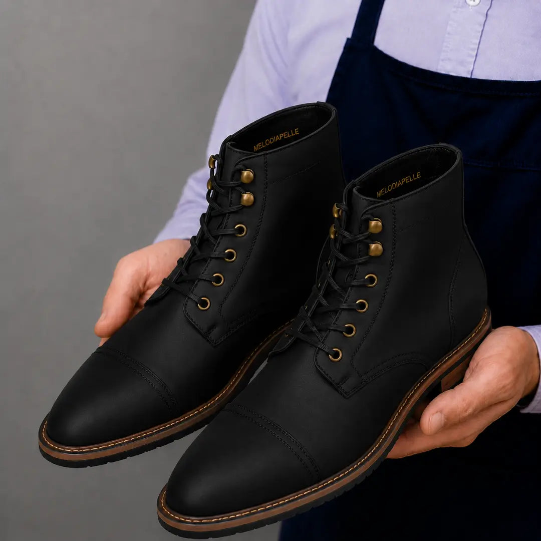 Man holding a pair of Melodiapelle Morocco Cap Toe Combat Boots in black leather, close-up