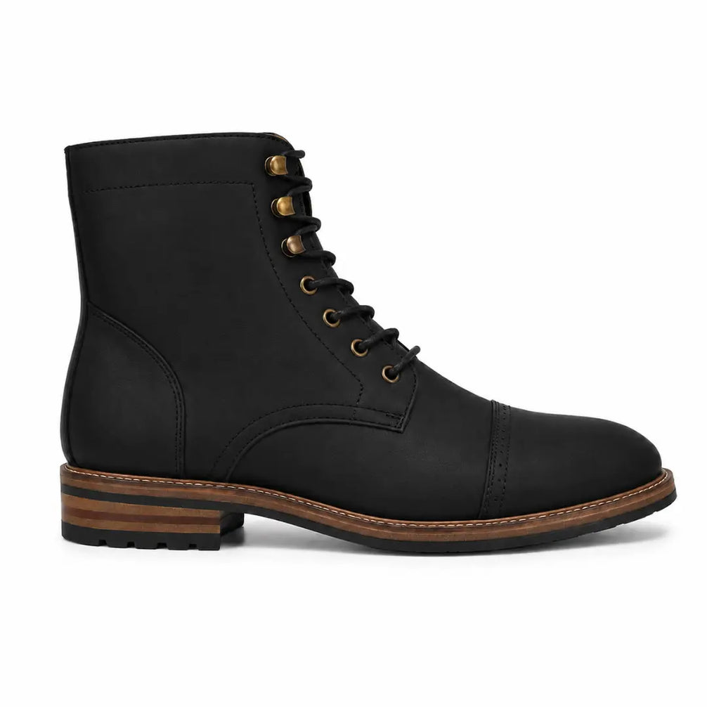 Side profile of the Morocco Cap Toe Combat Boot in black leather on white background