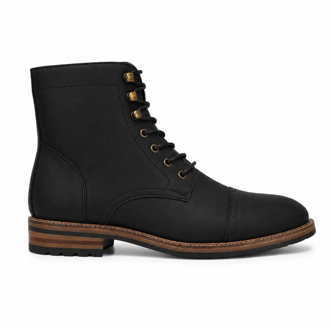 Side profile of the Morocco Cap Toe Combat Boot in black leather on white background