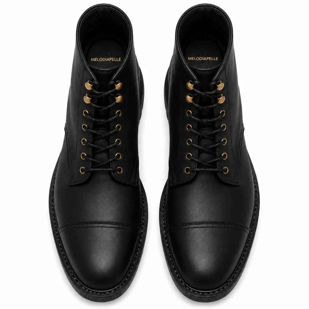 Melodiapelle Morocco Cap Toe Combat Boot in black leather, pair top-down view, handcrafted in Agra