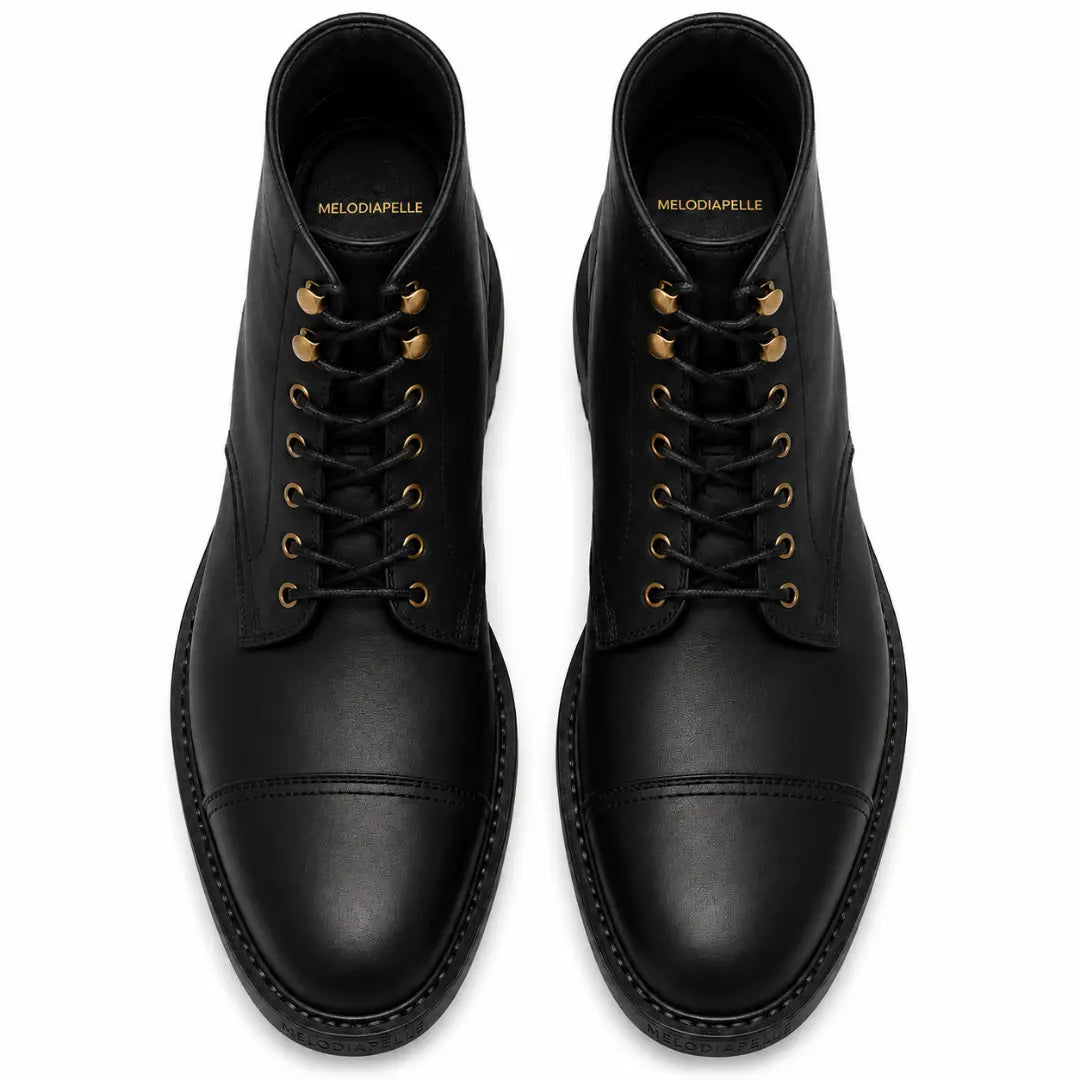 Melodiapelle Morocco Cap Toe Combat Boot in black leather, pair top-down view, handcrafted in Agra