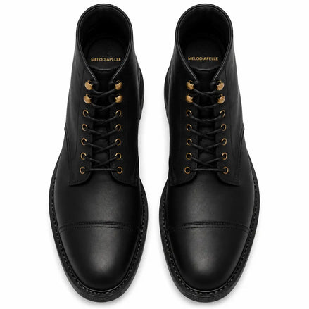 Melodiapelle Morocco Cap Toe Combat Boot in black leather, pair top-down view, handcrafted in Agra