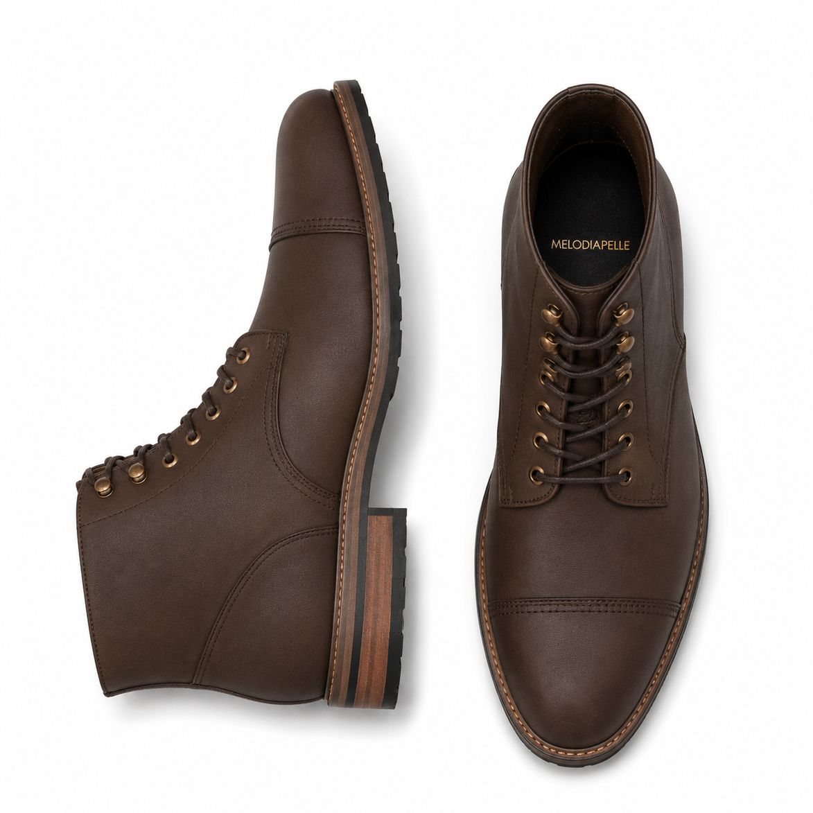 Dark espresso nubuck leather combat boot, three-quarter angle showing cap-toe and heel detailing