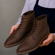 Man holding a pair of Melodiapelle Morocco Cap Toe Combat Boots in dark espresso nubuck leather, close-up