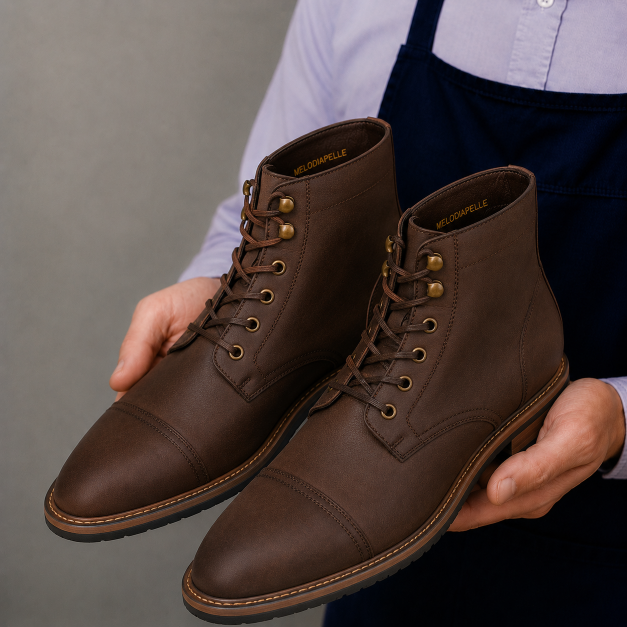 Man holding a pair of Melodiapelle Morocco Cap Toe Combat Boots in dark espresso nubuck leather, close-up