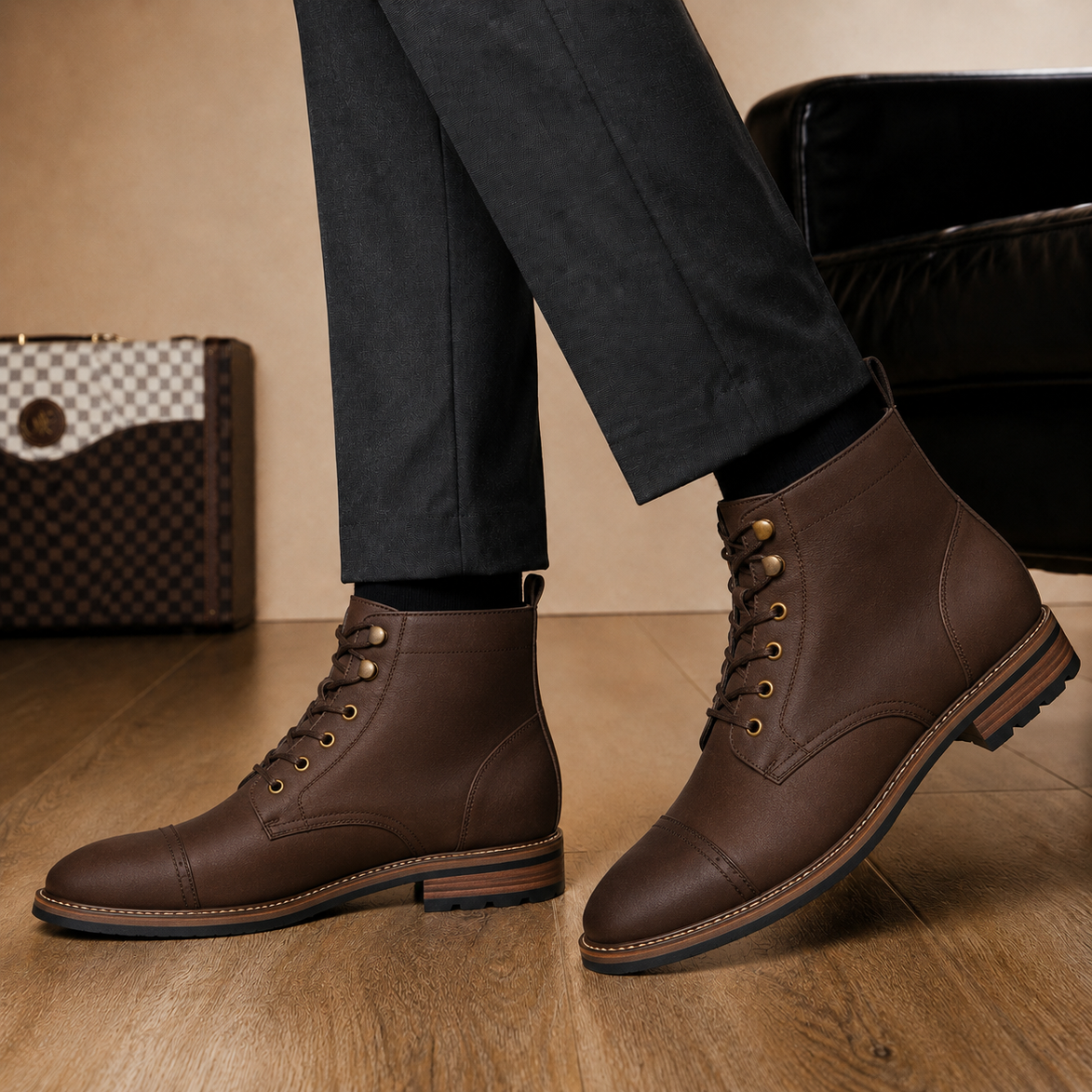 Melodiapelle Morocco Cap Toe Combat Boot in dark espresso nubuck leather worn with trousers, on-feet shot