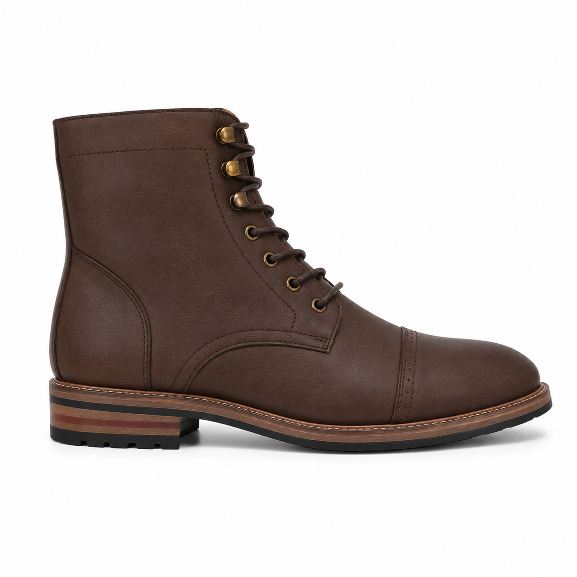 Side profile of the Morocco Cap Toe Combat Boot in dark espresso nubuck leather on white background