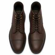Melodiapelle Morocco Cap Toe Combat Boot in dark espresso nubuck leather, pair top-down view, handcrafted in Agra