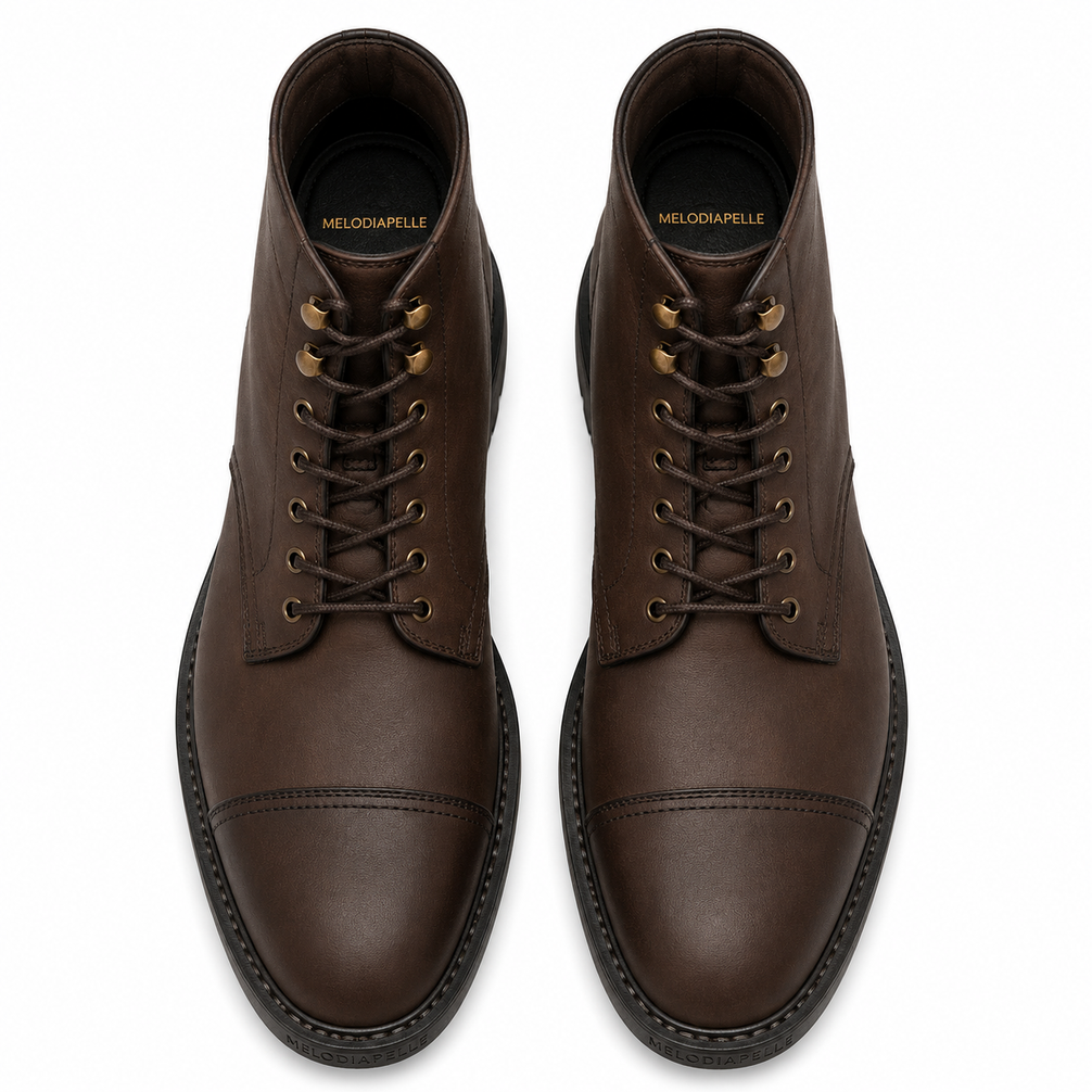 Melodiapelle Morocco Cap Toe Combat Boot in dark espresso nubuck leather, pair top-down view, handcrafted in Agra