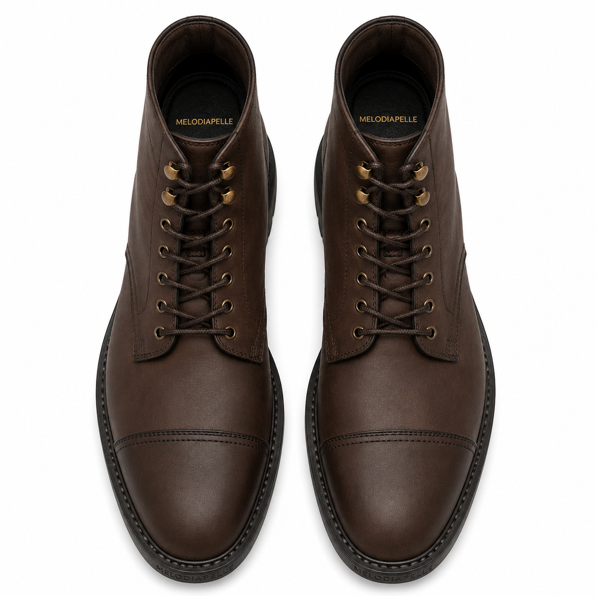 Melodiapelle Morocco Cap Toe Combat Boot in dark espresso nubuck leather, pair top-down view, handcrafted in Agra