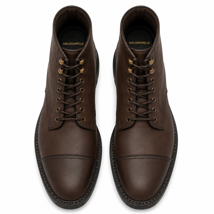 Melodiapelle Morocco Cap Toe Combat Boot in dark espresso nubuck leather, pair top-down view, handcrafted in Agra