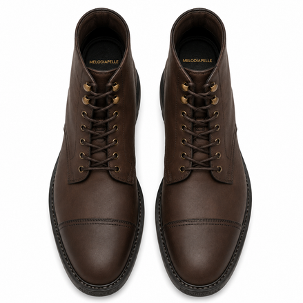 Melodiapelle Morocco Cap Toe Combat Boot in dark espresso nubuck leather, pair top-down view, handcrafted in Agra