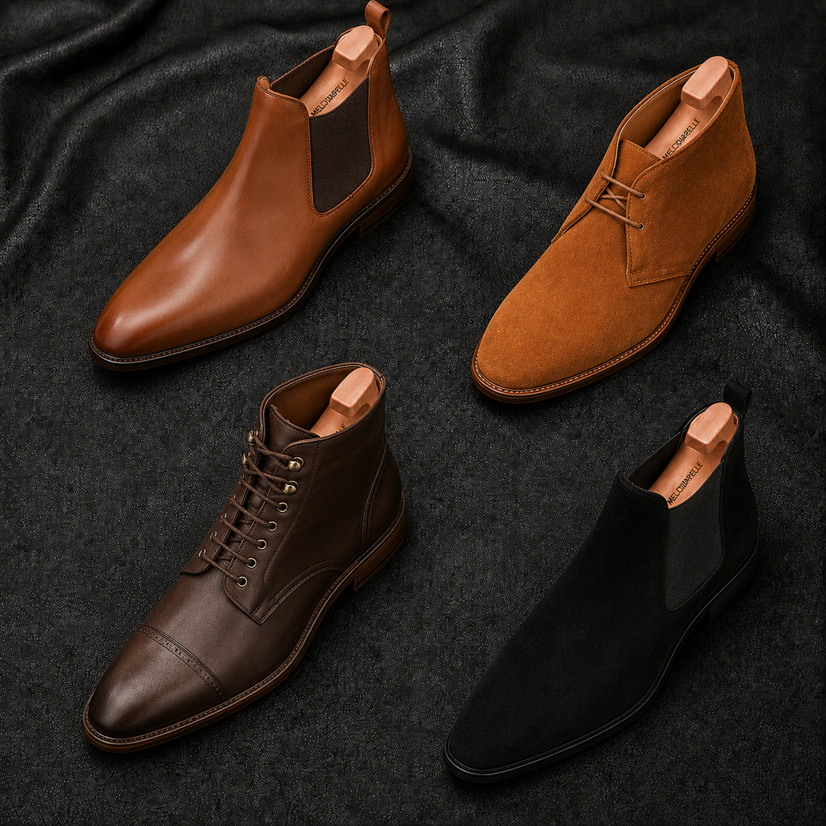 Melodiapelle Morocco Cap Toe Combat Boot collection in espresso, black and tan leather, handcrafted combat boots displayed together