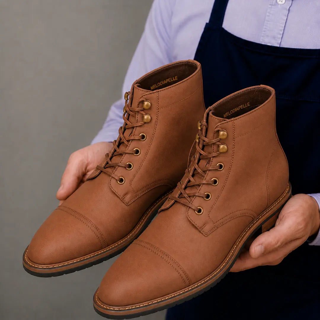 Man holding a pair of Melodiapelle Morocco Cap Toe Combat Boots in tan leather, close-up