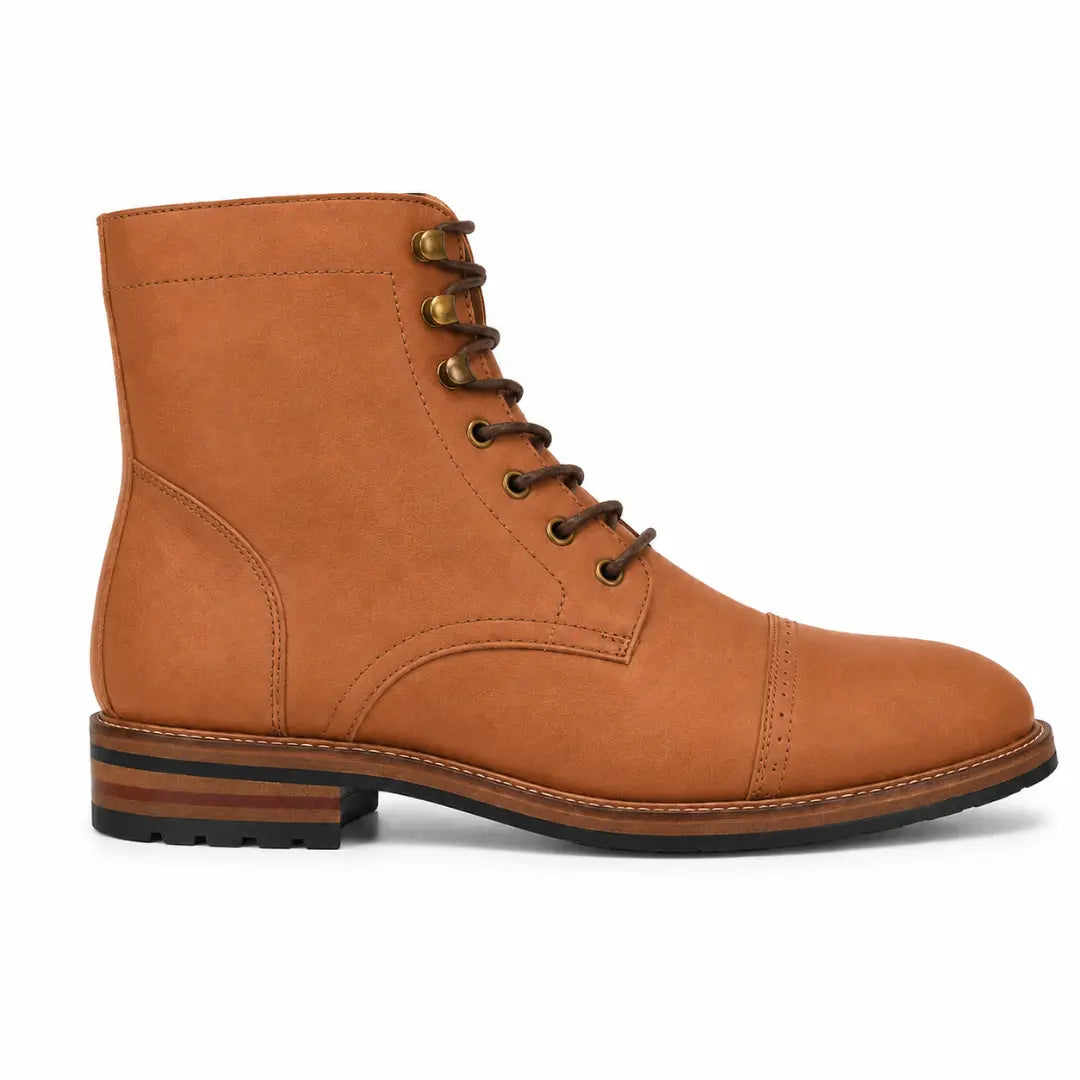 Side profile of the Morocco Cap Toe Combat Boot in tan leather on white background