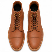 Melodiapelle Morocco Cap Toe Combat Boot in tan leather, pair top-down view, handcrafted in Agra