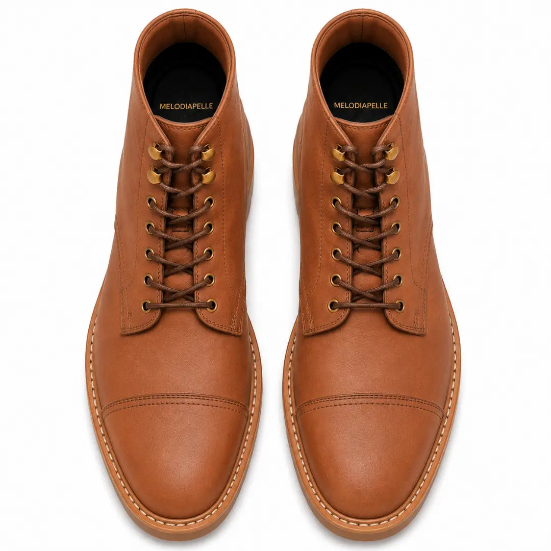 Melodiapelle Morocco Cap Toe Combat Boot in tan leather, pair top-down view, handcrafted in Agra