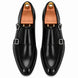 Melodiapelle Mortimer Apron Monk Strap in black leather, pair top-down view, handcrafted in Agra