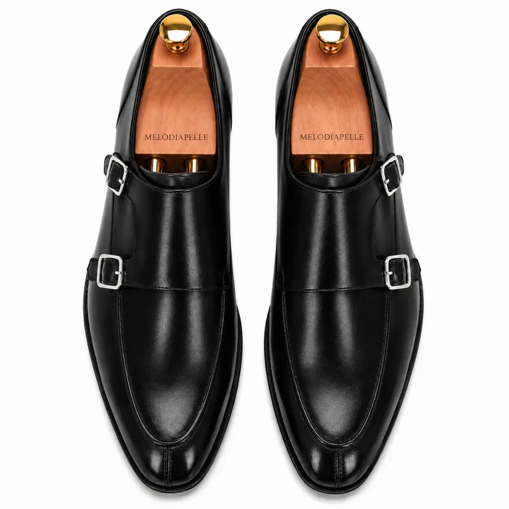 Melodiapelle Mortimer Apron Monk Strap in black leather, pair top-down view, handcrafted in Agra