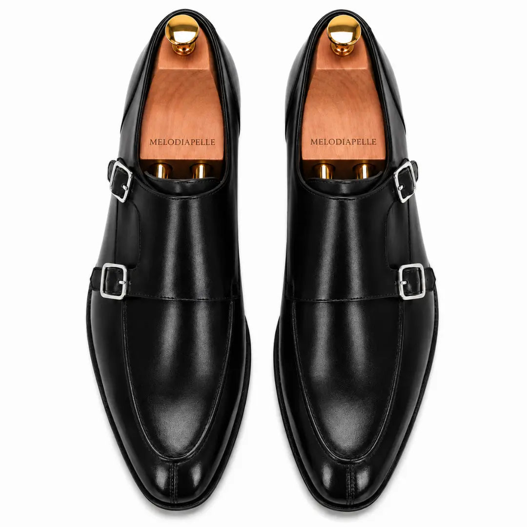 Melodiapelle Mortimer Apron Monk Strap in black leather, pair top-down view, handcrafted in Agra