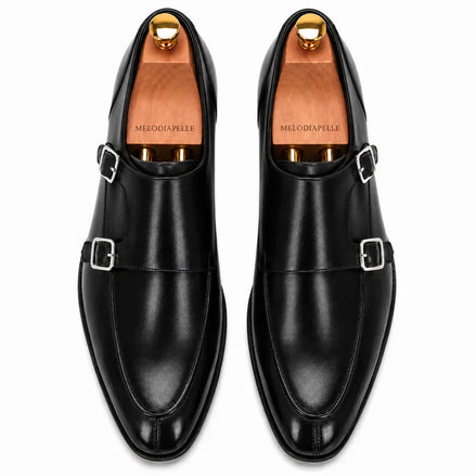 Melodiapelle Mortimer Apron Monk Strap in black leather, pair top-down view, handcrafted in Agra