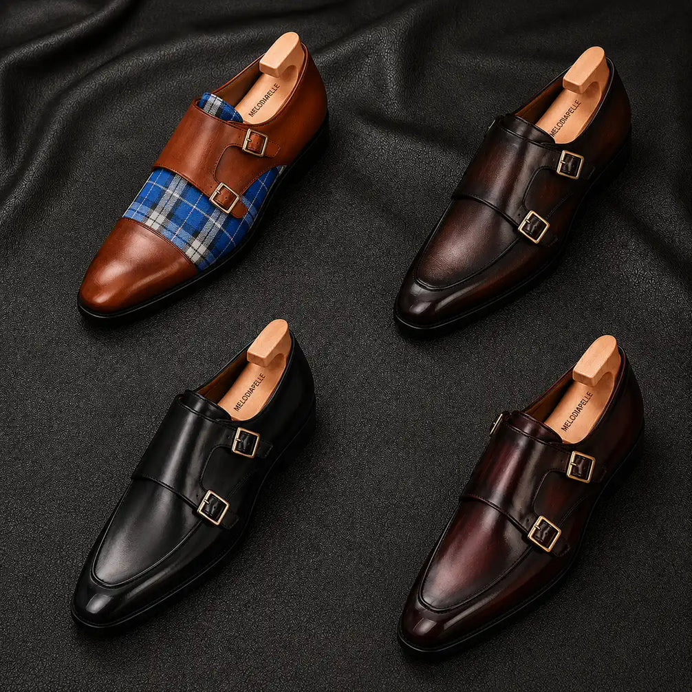 Melodiapelle Mortimer Apron Monk Strap collection in cognac, brown and black leather, handcrafted monk strap shoes displayed together