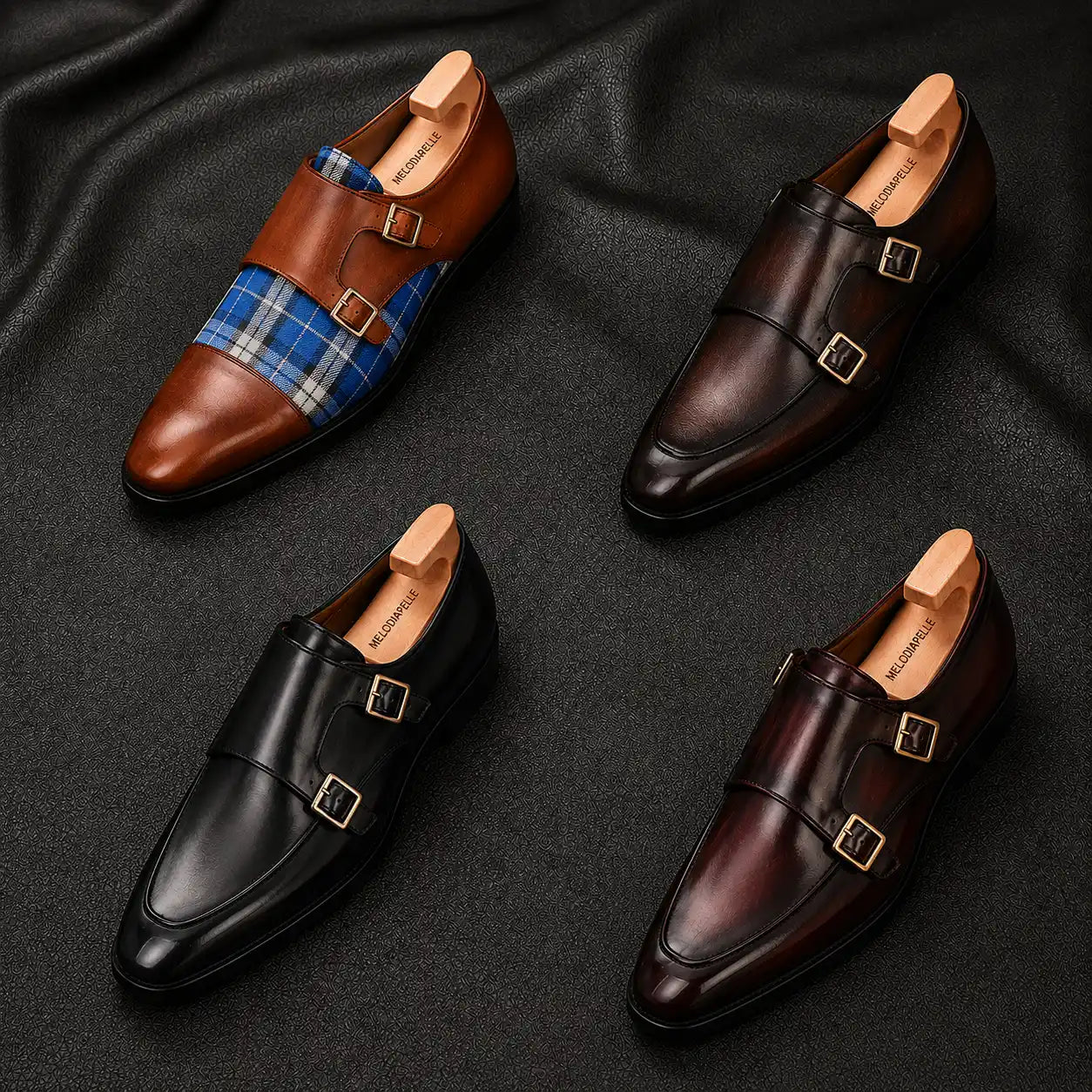 Melodiapelle Mortimer Apron Monk Strap collection in cognac, brown and black leather, handcrafted monk strap shoes displayed together