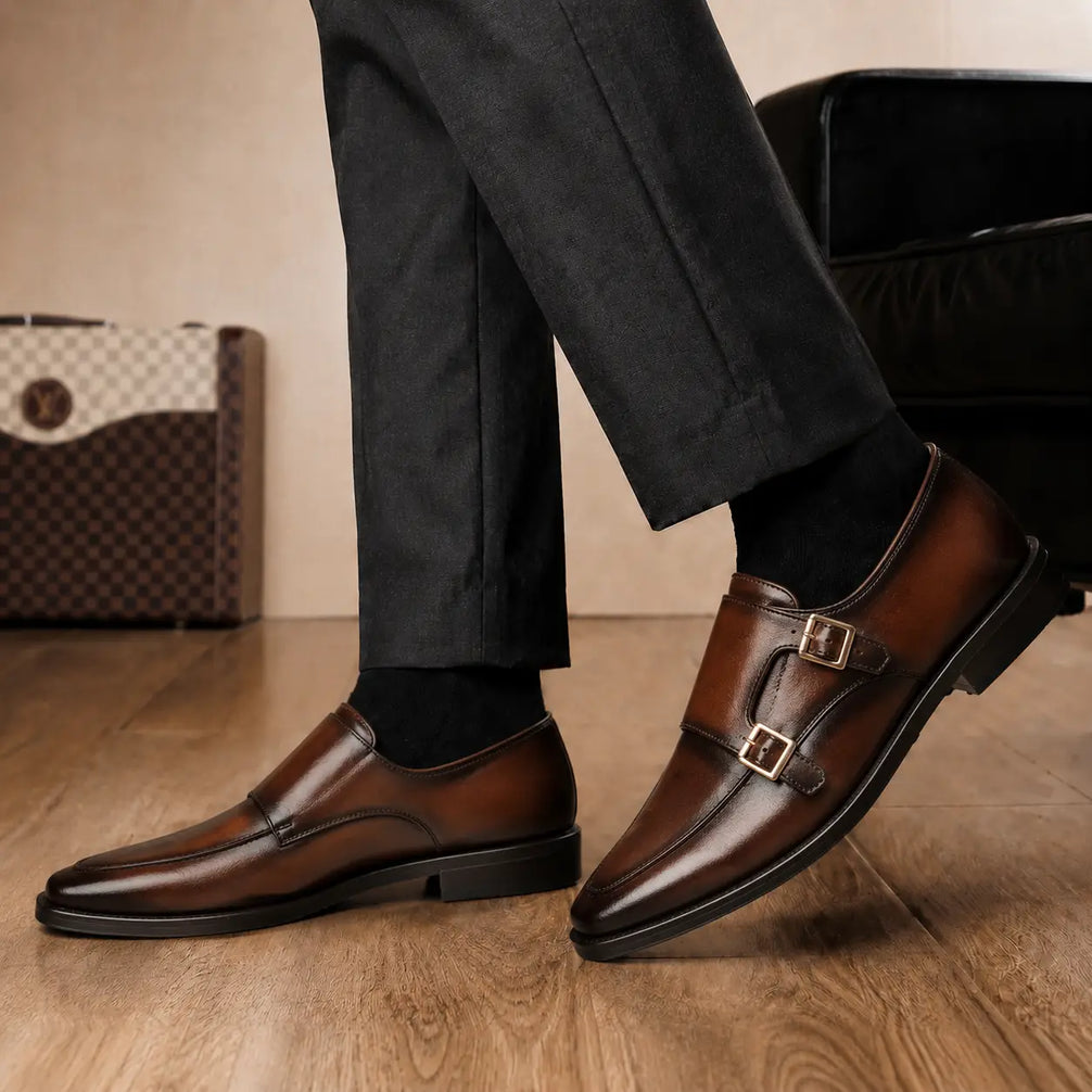 Melodiapelle Mortimer Apron Monk Strap in cognac brown leather worn with formal trousers, on-feet shot