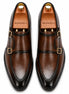 Melodiapelle Mortimer Apron Monk Strap in cognac brown leather, pair top-down view, handcrafted in Agra