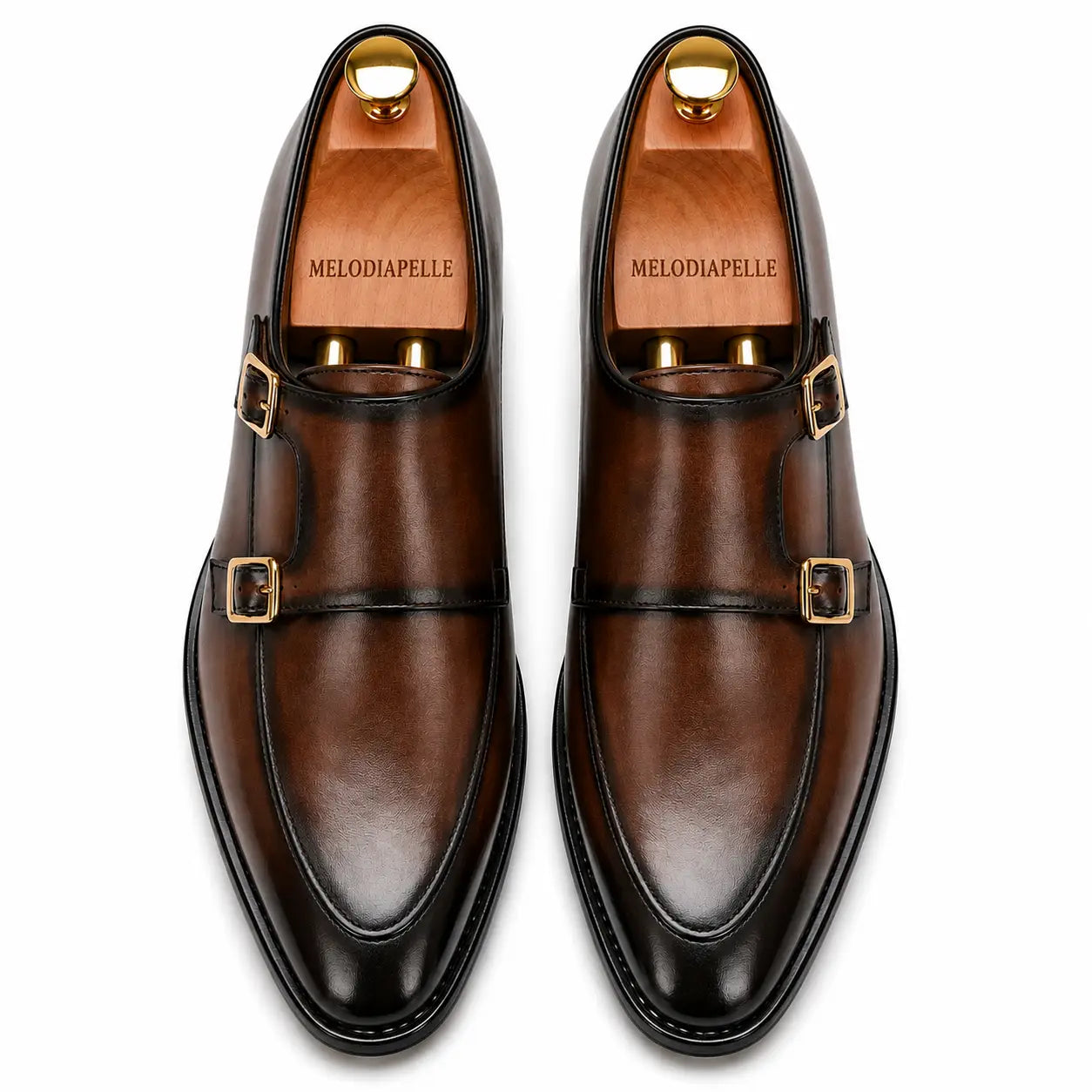 Melodiapelle Mortimer Apron Monk Strap in cognac brown leather, pair top-down view, handcrafted in Agra