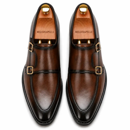 Melodiapelle Mortimer Apron Monk Strap in cognac brown leather, pair top-down view, handcrafted in Agra