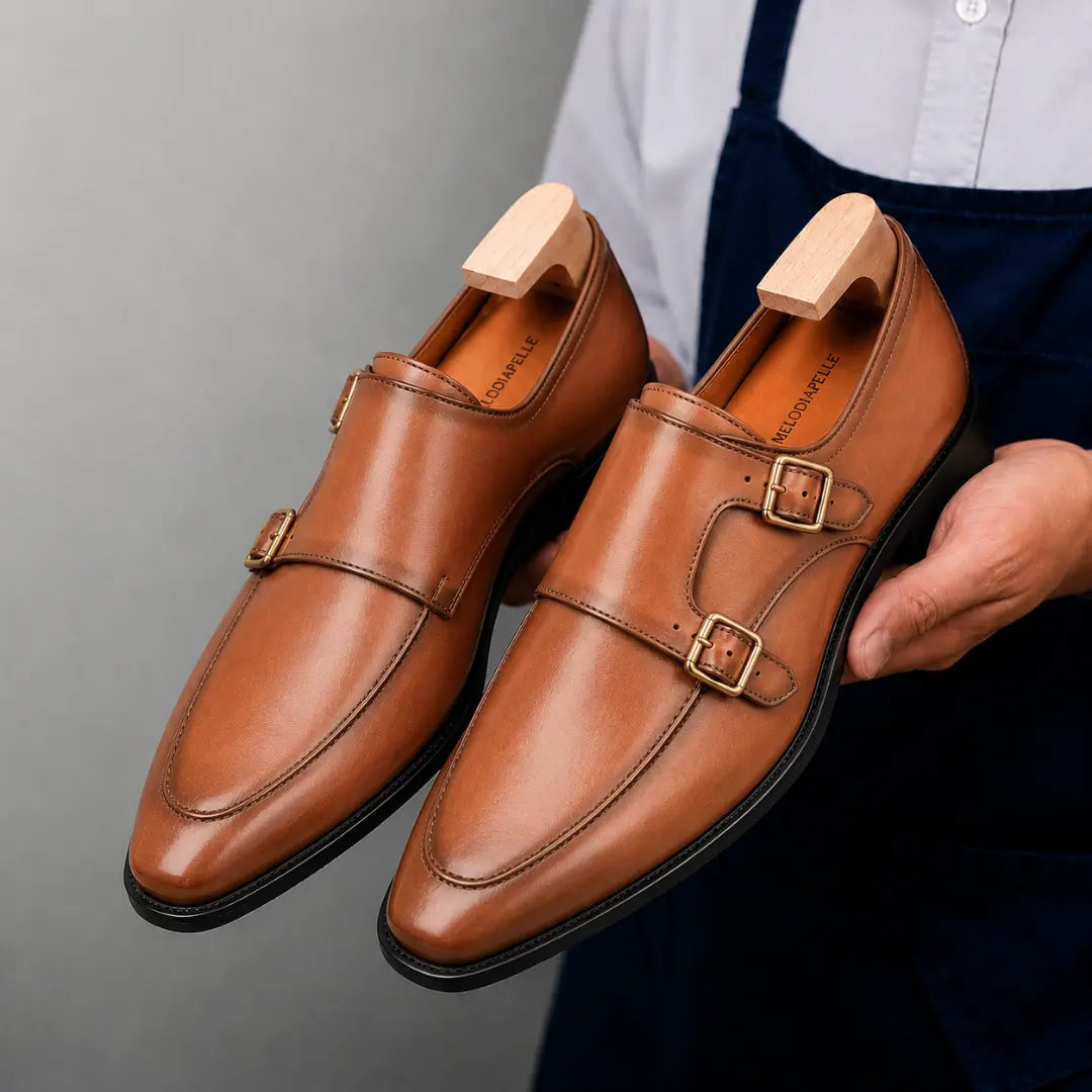 Man holding a pair of Melodiapelle Mortimer Apron Monk Strap shoes in tan leather, close-up