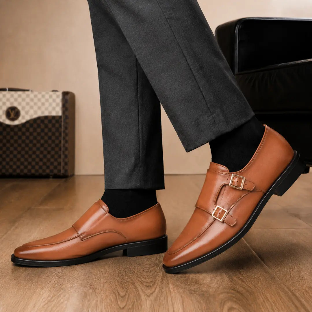 Melodiapelle Mortimer Apron Monk Strap in tan leather worn with formal trousers, on-feet shot