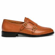 Side profile of the Mortimer Apron Monk Strap in tan leather on white background