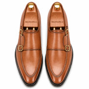 Melodiapelle Mortimer Apron Monk Strap in tan leather, pair top-down view, handcrafted in Agra