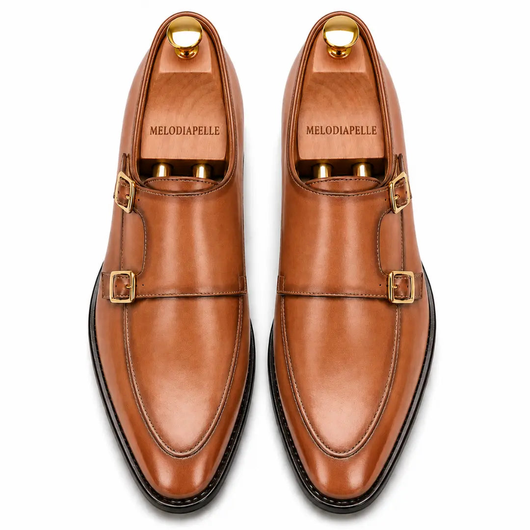 Melodiapelle Mortimer Apron Monk Strap in tan leather, pair top-down view, handcrafted in Agra