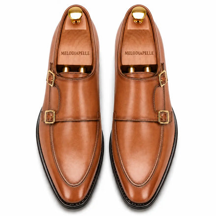 Melodiapelle Mortimer Apron Monk Strap in tan leather, pair top-down view, handcrafted in Agra