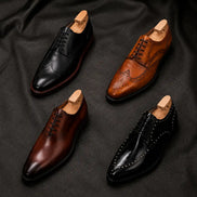 Melodiapelle Mortlach Studded Apron Derby collection in black, brown and tan leather, handcrafted studded apron Derby shoes displayed together