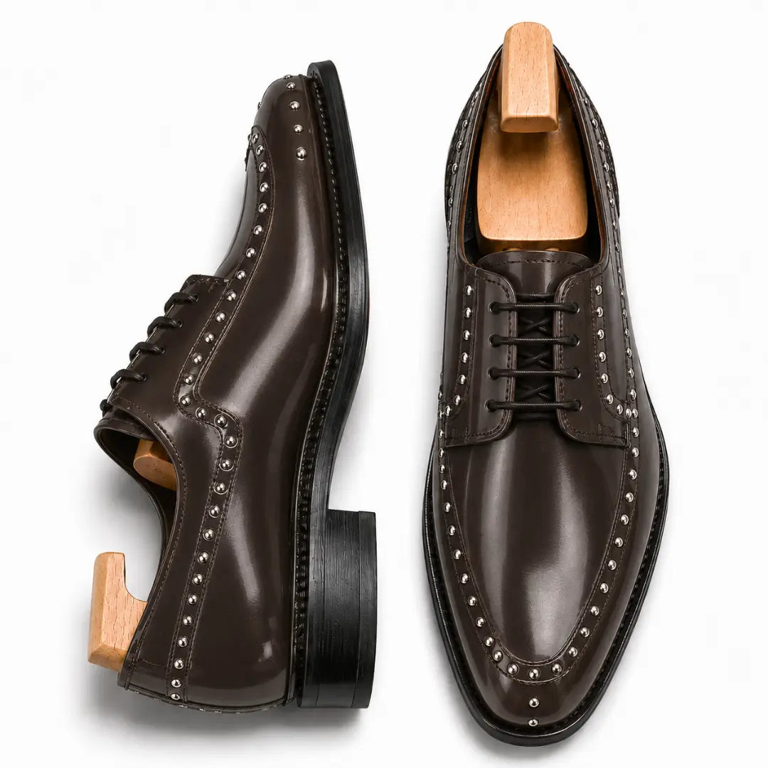 Brown leather studded apron Derby, three-quarter angle showing heel and stud detailing