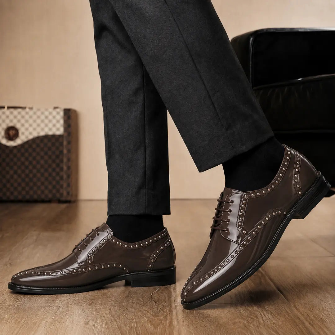 Melodiapelle Mortlach Studded Apron Derby in brown leather worn with formal trousers, on-feet shot