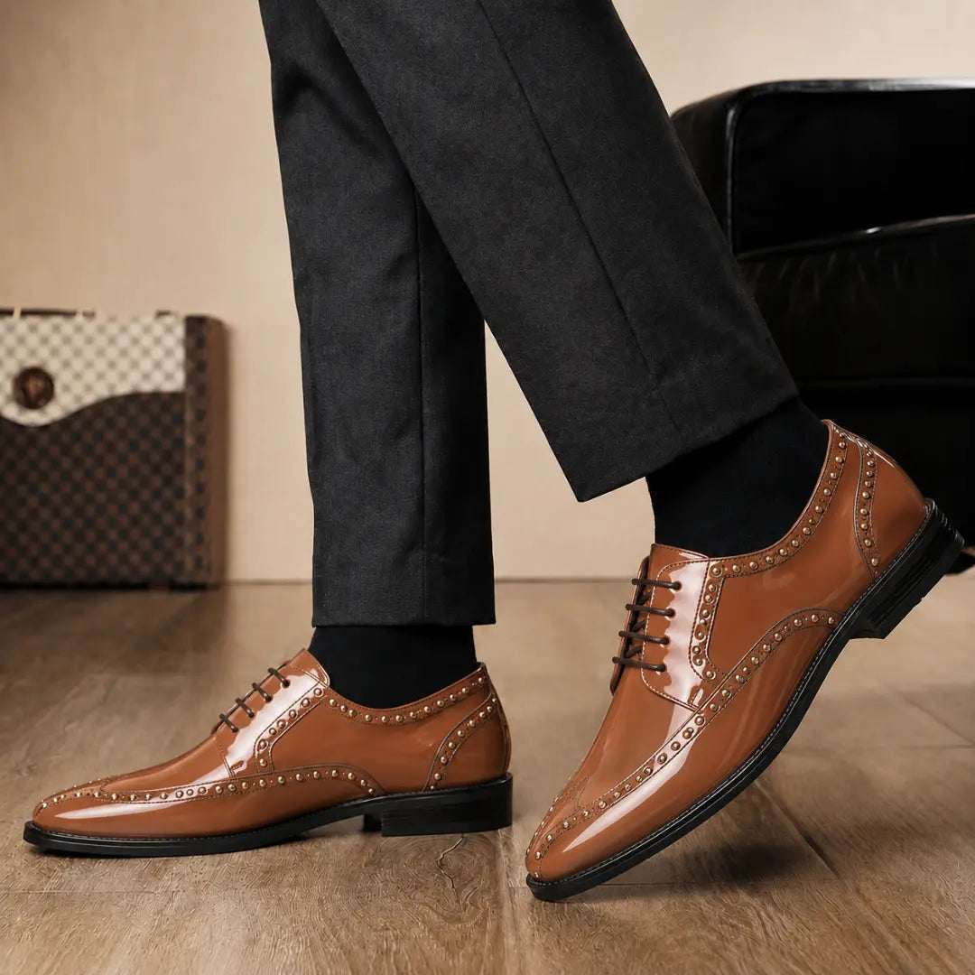 Melodiapelle Mortlach Studded Apron Derby in tan leather worn with formal trousers, on-feet shot