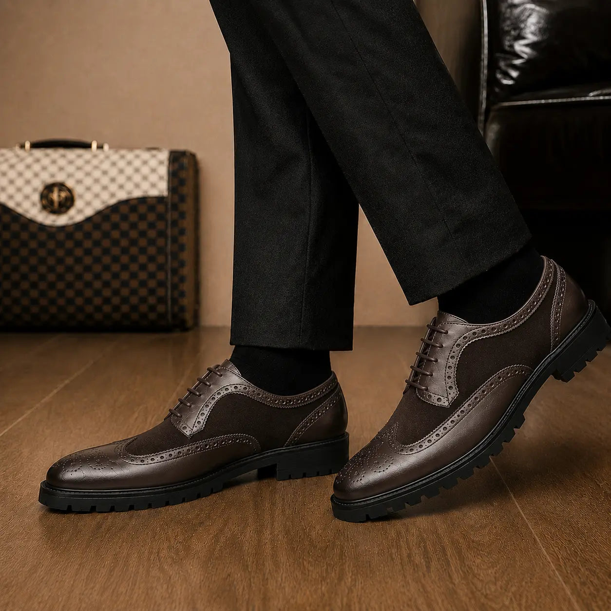Melodiapelle Mosaic Two-Tone Wingtip Derby in brown leather worn with formal trousers, on-feet shot