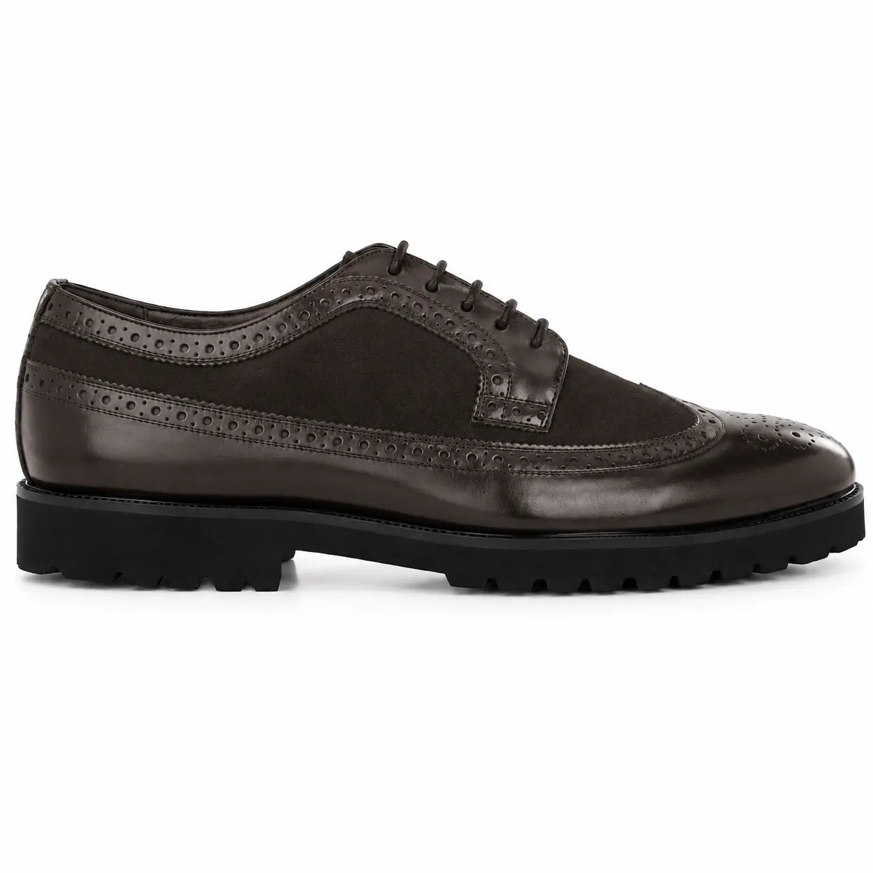 Side profile of the Mosaic Two-Tone Wingtip Derby in brown leather on white background