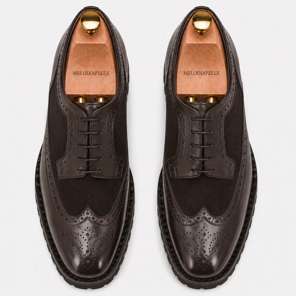 Melodiapelle Mosaic Two-Tone Wingtip Derby in brown leather, pair top-down view, handcrafted in Agra