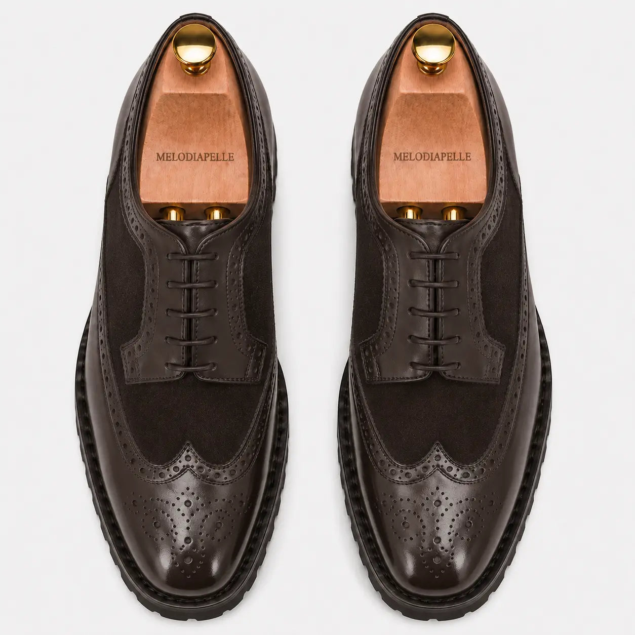 Melodiapelle Mosaic Two-Tone Wingtip Derby in brown leather, pair top-down view, handcrafted in Agra