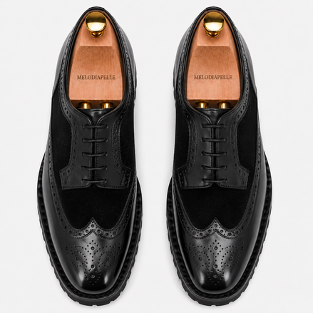 Melodiapelle Mosaic Two-Tone Wingtip Derby in nero black leather, pair top-down view, handcrafted in Agra