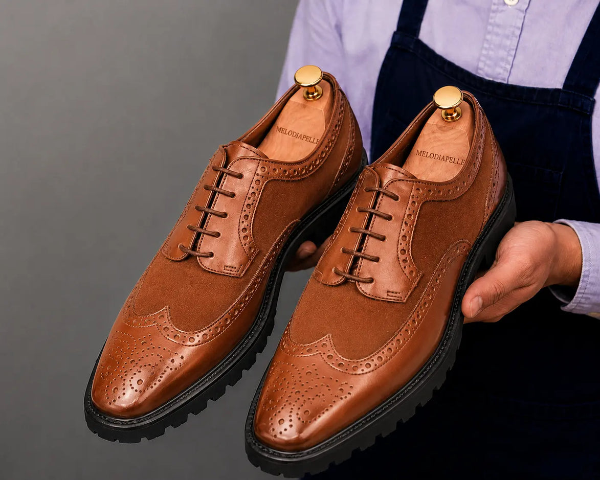 Man holding a pair of Melodiapelle Mosaic Two-Tone Wingtip Derby shoes in tan leather, close-up