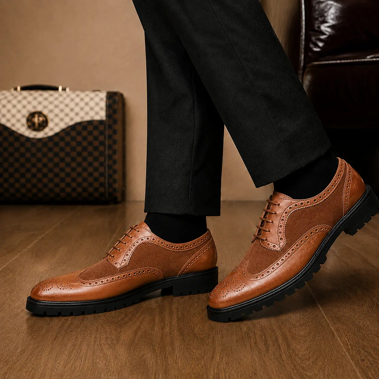 Melodiapelle Mosaic Two-Tone Wingtip Derby in tan leather worn with formal trousers, on-feet shot